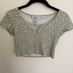 Floral Button-Detail Crop Top in Sage Green